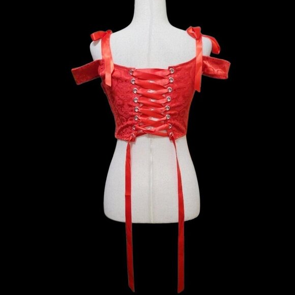Sugar Thrillz Scarlet Satin Floral Jacquard Corset w/ Tie Straps & Lace‑Up – M - Picture 5 of 8